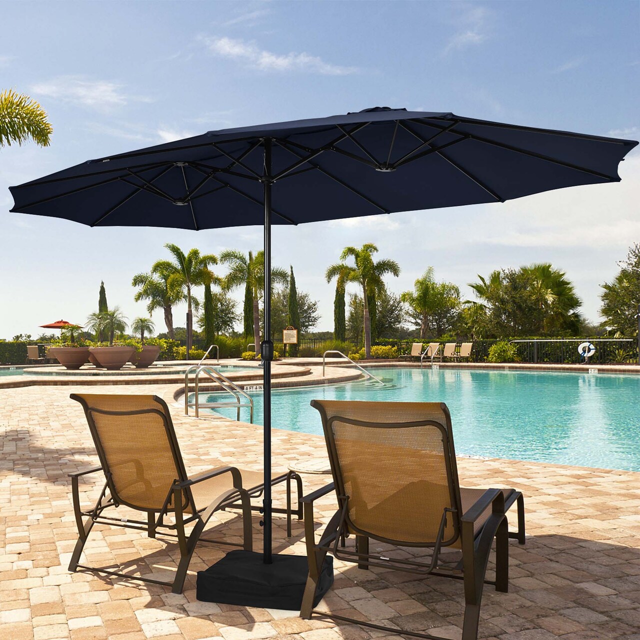 Costway 15FT Double-Sided Twin Patio Umbrella Sun Shade Outdoor Crank Market Base Beige/Coffee/Grey/Orange/Navy/Turquoise/Wine